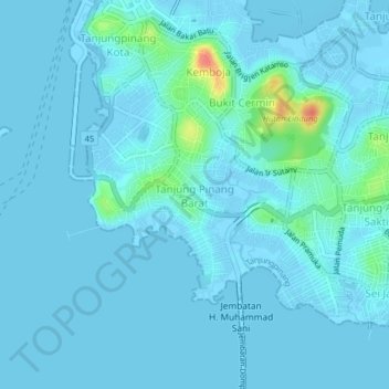 Tanjung Pinang Barat topographic map, elevation, terrain