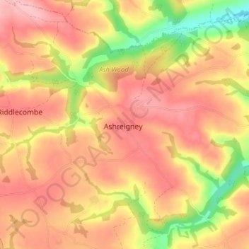 Ashreigney topographic map, elevation, terrain