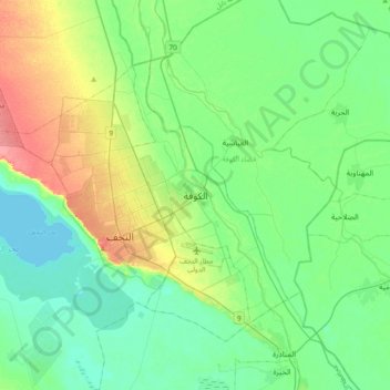 Al Kufa topographic map, elevation, terrain