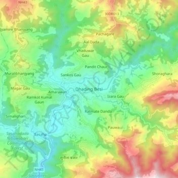 Dhading Besi topographic map, elevation, terrain