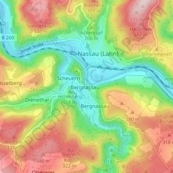 Bergnassau-Scheuern topographic map, elevation, terrain