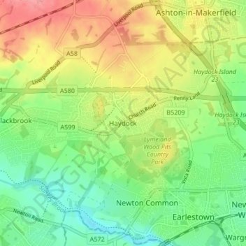 Haydock topographic map, elevation, terrain