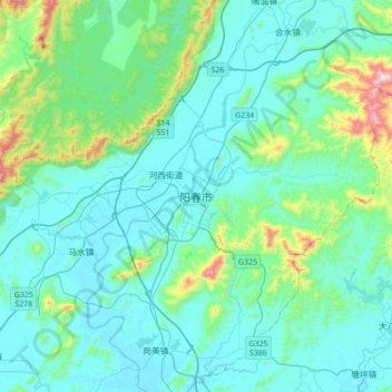 Yangchun topographic map, elevation, terrain