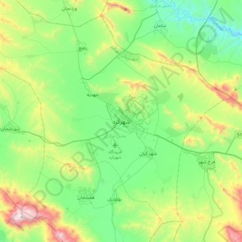 Shahr-e Kord topographic map, elevation, terrain