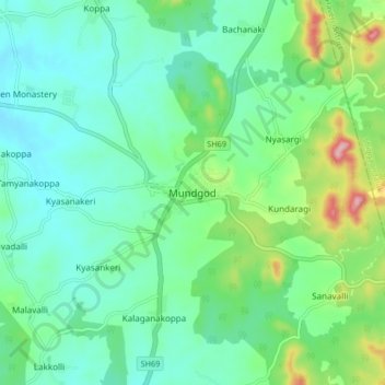 Mundgod topographic map, elevation, terrain