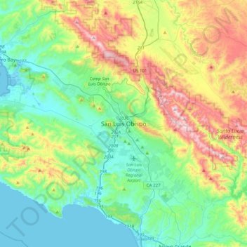 San Luis Obispo topographic map, elevation, terrain
