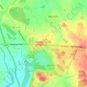 Weston under Lizard topographic map, elevation, terrain