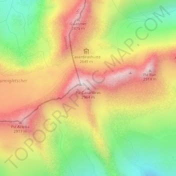 Piz Cavardiras topographic map, elevation, terrain