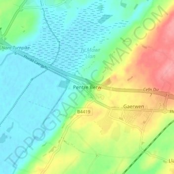 Pentre Berw topographic map, elevation, terrain