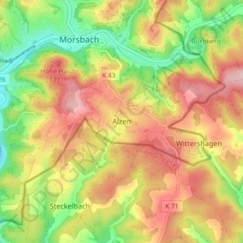 Alzen topographic map, elevation, terrain