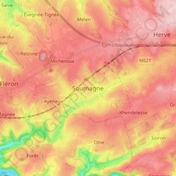 Soumagne topographic map, elevation, terrain