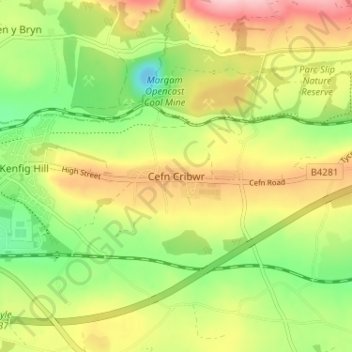 Cefn Cribwr topographic map, elevation, terrain
