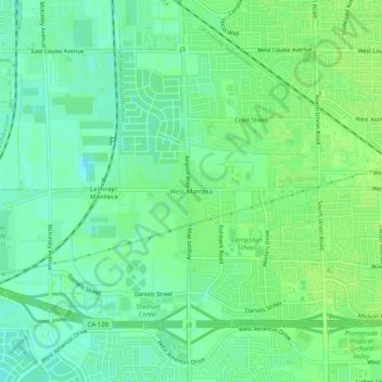 West Manteca topographic map, elevation, terrain