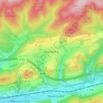 Eversberg topographic map, elevation, terrain