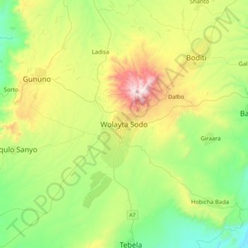 Wolaita Sodo topographic map, elevation, terrain