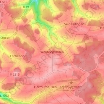Weldingsfelden topographic map, elevation, terrain