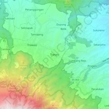 Tretes topographic map, elevation, terrain