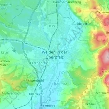 Weiden in der Oberpfalz topographic map, elevation, terrain