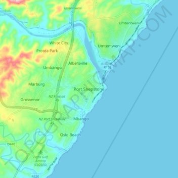 Port Shepstone topographic map, elevation, terrain