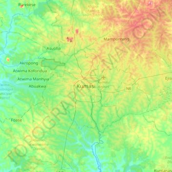 Kumasi topographic map, elevation, terrain