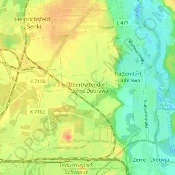 Obertrattendorf - Górna Dubrawa topographic map, elevation, terrain