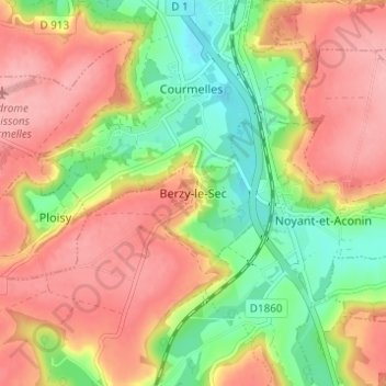 Berzy-le-Sec topographic map, elevation, terrain