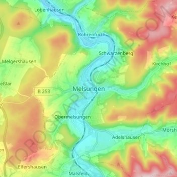 Melsungen topographic map, elevation, terrain