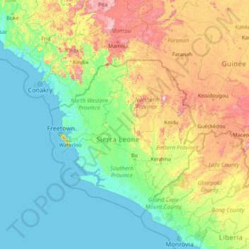 Tonkolili topographic map, elevation, terrain