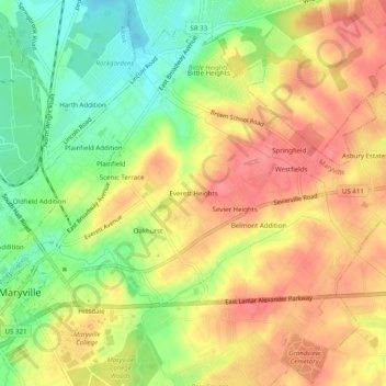 Everett Heights topographic map, elevation, terrain