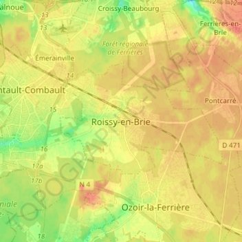 Roissy-en-Brie topographic map, elevation, terrain