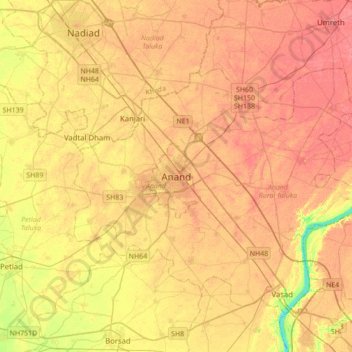 Anand topographic map, elevation, terrain