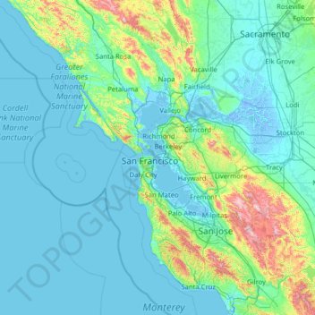 San Francisco Bay Area topographic map, elevation, terrain