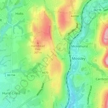 Mossley Cross topographic map, elevation, terrain