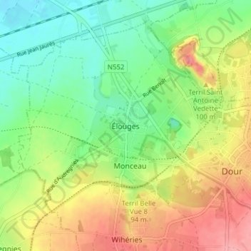 Élouges topographic map, elevation, terrain