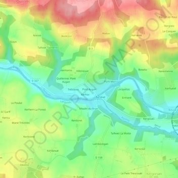 Pont Augan topographic map, elevation, terrain