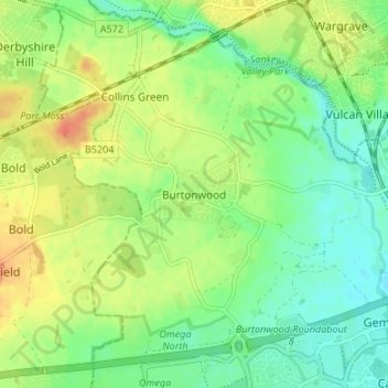 Burtonwood topographic map, elevation, terrain
