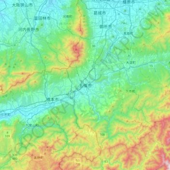 Gojō topographic map, elevation, terrain