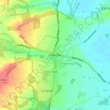 Oldcotes topographic map, elevation, terrain