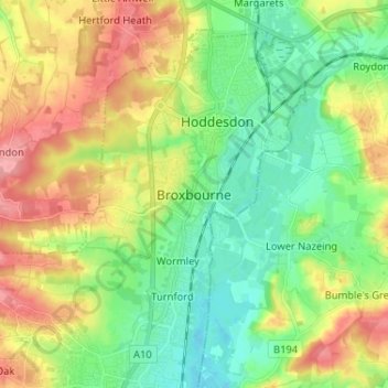 Broxbourne topographic map, elevation, terrain
