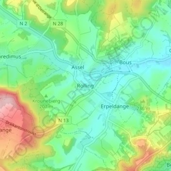 Rolling topographic map, elevation, terrain