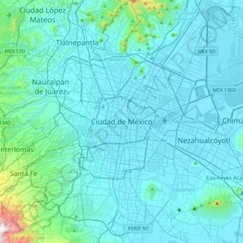 Mexico City topographic map, elevation, terrain