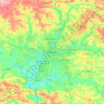 Rennes topographic map, elevation, terrain