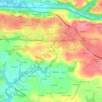 Kerdroniou topographic map, elevation, terrain