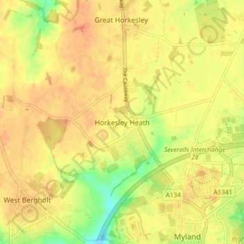Horkesley Heath topographic map, elevation, terrain