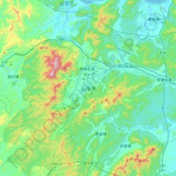 云浮市 topographic map, elevation, terrain