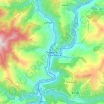 Devprayag topographic map, elevation, terrain