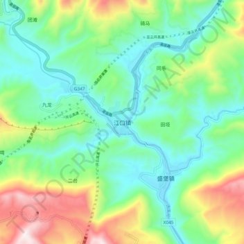 江口镇 topographic map, elevation, terrain