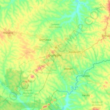 Sunyani topographic map, elevation, terrain