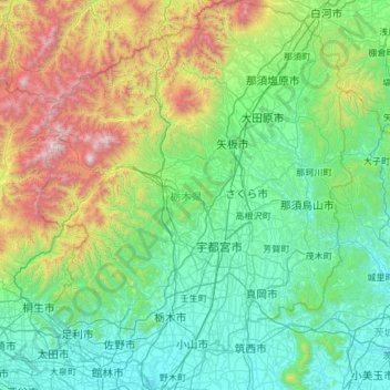 Préfecture de Tochigi topographic map, elevation, terrain