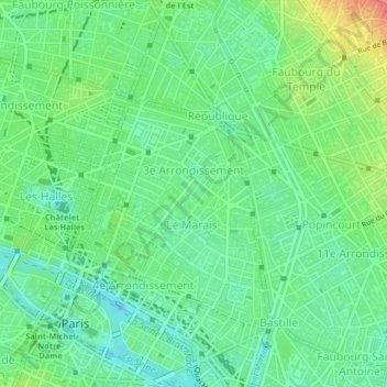 Paris 3e Arrondissement topographic map, elevation, terrain